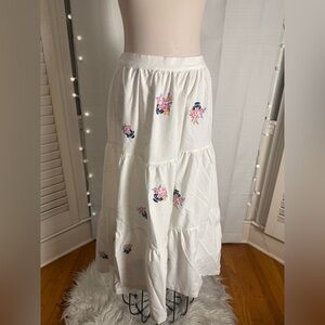 Lele White Embroidered Tiered Maxi Skirt Linen Blend Large